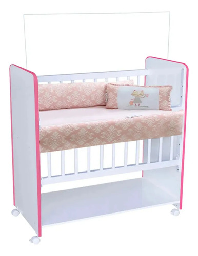 Berço Infantil Grade Mosquiteiro Prateleira Multiuso Suporte Rosa