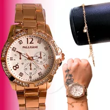 Relógio Feminino Banhado Ouro Luxo Moda Original + Pulseira