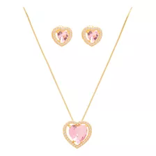 Conjunto Colar E Brinco Coração Pedra Rosa Folheado A Ouro