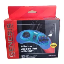 Control Retro-bit Oficial Sega Genesis Usb 6 Botones Azul 