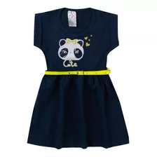 Vestido Infantil Para Bebê Com Cinto Pandinha Azul Marinho