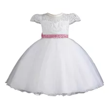 Vestido Blanco Con Detalle Rosado Para Niñas Bautizo Pajes