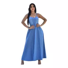 Vestido Longo Jeans Leve Alça Lastex Feminino