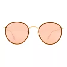 Anteojos De Sol Ray-ban Round Folding Standard Con Marco De Metal Color Polished Gold, Lente Copper De Cristal Flash, Varilla Polished Gold De Metal/plástico - Rb3517