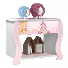 Muebles Web - Mesa De Luz - 1 Cajón - Infantil - Diseño Princesa - Blanco/rosa