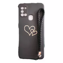 Carcasa Para Samsung A21s Negra Con 2 Corazones + Tirante.