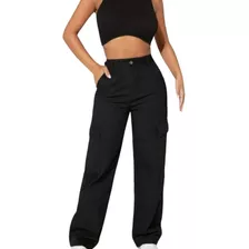 Pantalon De Mujer Tipo Cargo Holgado De Gabardina Negro 