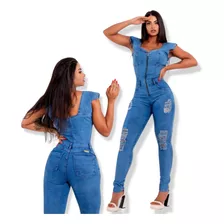 Macacão Longo Calça Jeans Feminino Com Lycra Modelagem Top