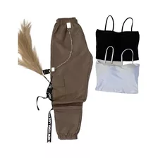 Conjunto Calça Jogger Bolso E Corrente E Cropped De Alcinha