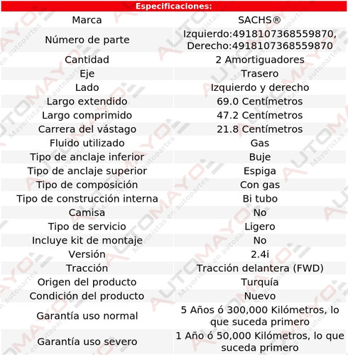 2) Amortiguadores Gas Traseros Sachs V50 L5 2.4l 2008-2010 Foto 2