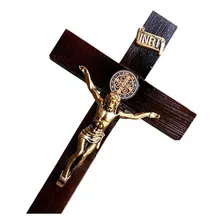 Cruz Grande De Madeira Crucifixo São Bento Para Mesa 29,5cm Cor Marrom E Dourado