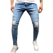 Calças Masculinas Com Orifício Reto, Jeans Envelhecidos, Cal