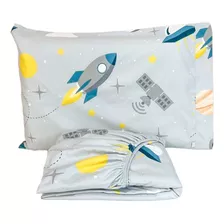 Lençol Para Mini Cama C/ Elástico E Fronha Espacial Desenho Do Tecido Foguete Espacial