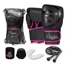 Kit Thai Boxe Naja Luva Black Rosa + Band + Bucal + Bolsa