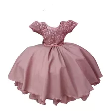 Vestido Infantil Rose E Renda Com Glitter Cinto De Pérolas