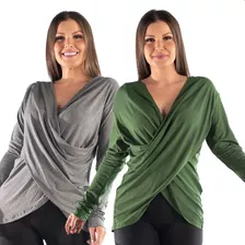 Kit 2 Blusas Amamentação Manga Longa Gestante Amamentar Luxo