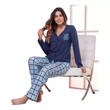 Pijama Mujer Vintage Cuadros Pantalón Camibuso Botones Joven