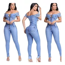 Macacão Ciganinha Longo Jeans Feminino Moda Fashion Larrisa
