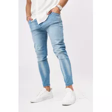 Jeans Hombre Sin Rotura Chupin Celeste Elastizado Brom Bond