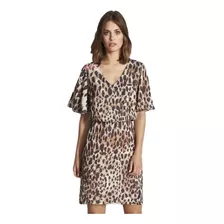 Vestido Crepe Animal Print Onça Manga Curta Evasê Fatobásico