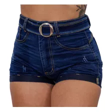 Short Jeans Com Lycra Bainha Dobrada Cintura Alta + Cinto