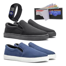 2 Pares Tênis Masculino Slip On Iate Casual+carteira+relogio