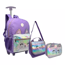 Kit Mochila Infantil Escolar Feminina Rodinhas Gatinho