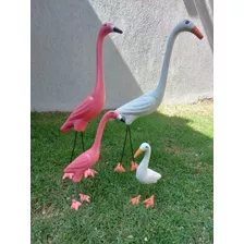 2 Garça 2 Flamingo Família Enfeite Jardim Decoração