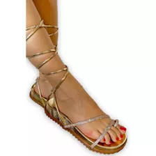 Sandália Feminina Papete Tiras Brilho Birken Amarrar Flat