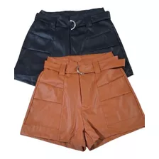 Shorts De Couro Sintético Com Cinto E Bolso Casual