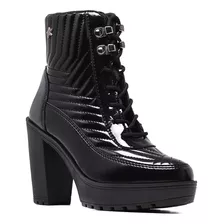 Bota Coturno Feminino Salto Alto Cano Baixo Preto Brilho