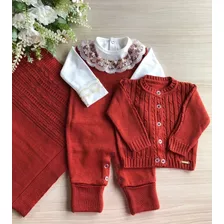 Saida De Maternidade De Menina Tricot Terracota 4 Peças