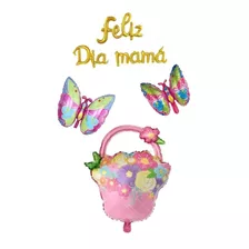  Feliz Día Mamá + Globo Canasta Flores + 2 Globos Mariposa