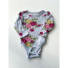 Body Manga Larga Old Navy Gris Con Flores Niña 6-12 M