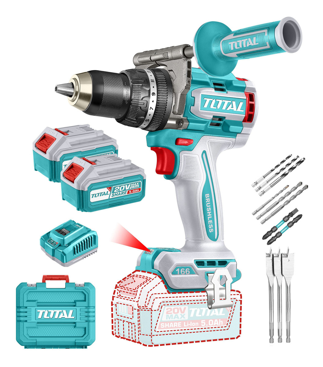 Taladro Percutor Y Atornillador Inalámbrico Total 20v, Industrial, Motor Sin Carbones - Mandril 13mm, 166nm - Con 2... Turquesa
