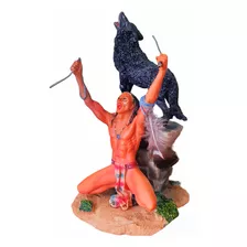 Estátua Índio Guerreiro Xamã E Lobo Negro Decor Incensário