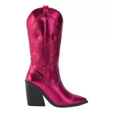 6966 Bota Alta Vaquera Bordada Color Rosa Metálico