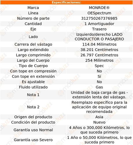 1) Amortiguador Oespectrum Gas Izq/der Tras Rsx 02/04 Monroe Foto 3