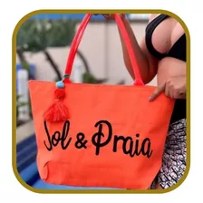 Bolsa Praia Colorido Sol E Praia Reforçada Bordada Linda Cor Laranja