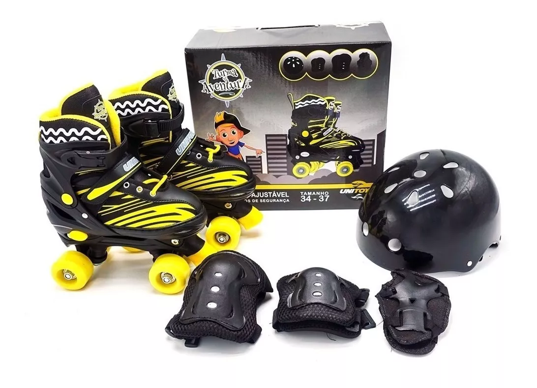 Patins Roller Infantil +kit De Proteção Menino Preto/amarelo