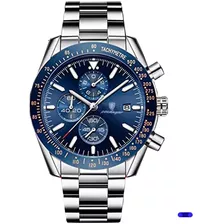 Reloj Analógo Casual Con Cronográfo Fechador Lujo Elegante Color De La Correa Plata Con Caja Azul