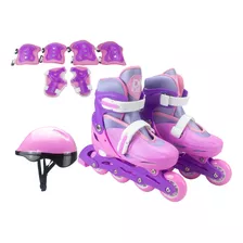 Patins Roller In-line Rosa 34 A 37 Menina + Kit Proteção