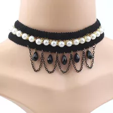 Choker Gargantilha Colar Renda Perolas 5 Pingentes Pretos