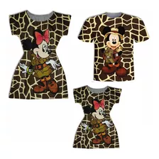 Vestidos Mãe E Filha E Camiseta Inf - Mickey E Minnie Safari