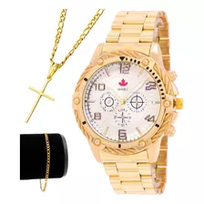 Relógio Masculino Dourado Grande Kit Corrente E Pulseira Top