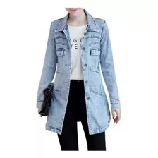 Jaqueta Jeans Feminina Fina Casaco Longo Comprimento Médio