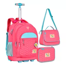 Mochila Rodinhas Luluca Azul E Rosa + Lancheira + Estojo Box