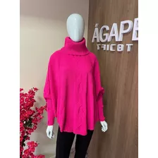 Blusa Poncho Tricot Mousse Trança E Gola Alta