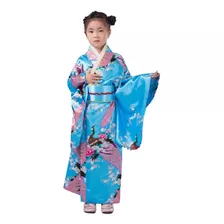 Yukata Infantil Em Seda Estampa Pavão Azul Turquesa