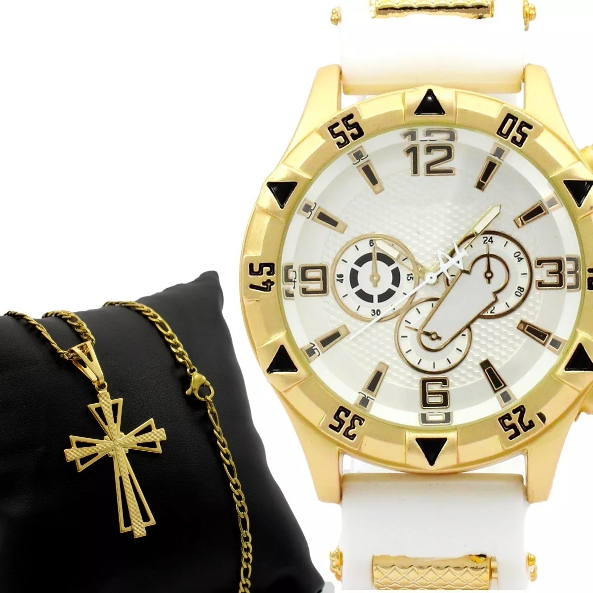 Relógio Masculino Dourado Grande Original + Super Brinde 